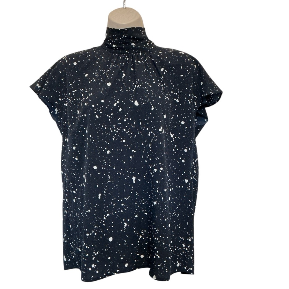NWT Goldray Womens Pleat Detail Navy Print Mock Neck Top Size Medium
